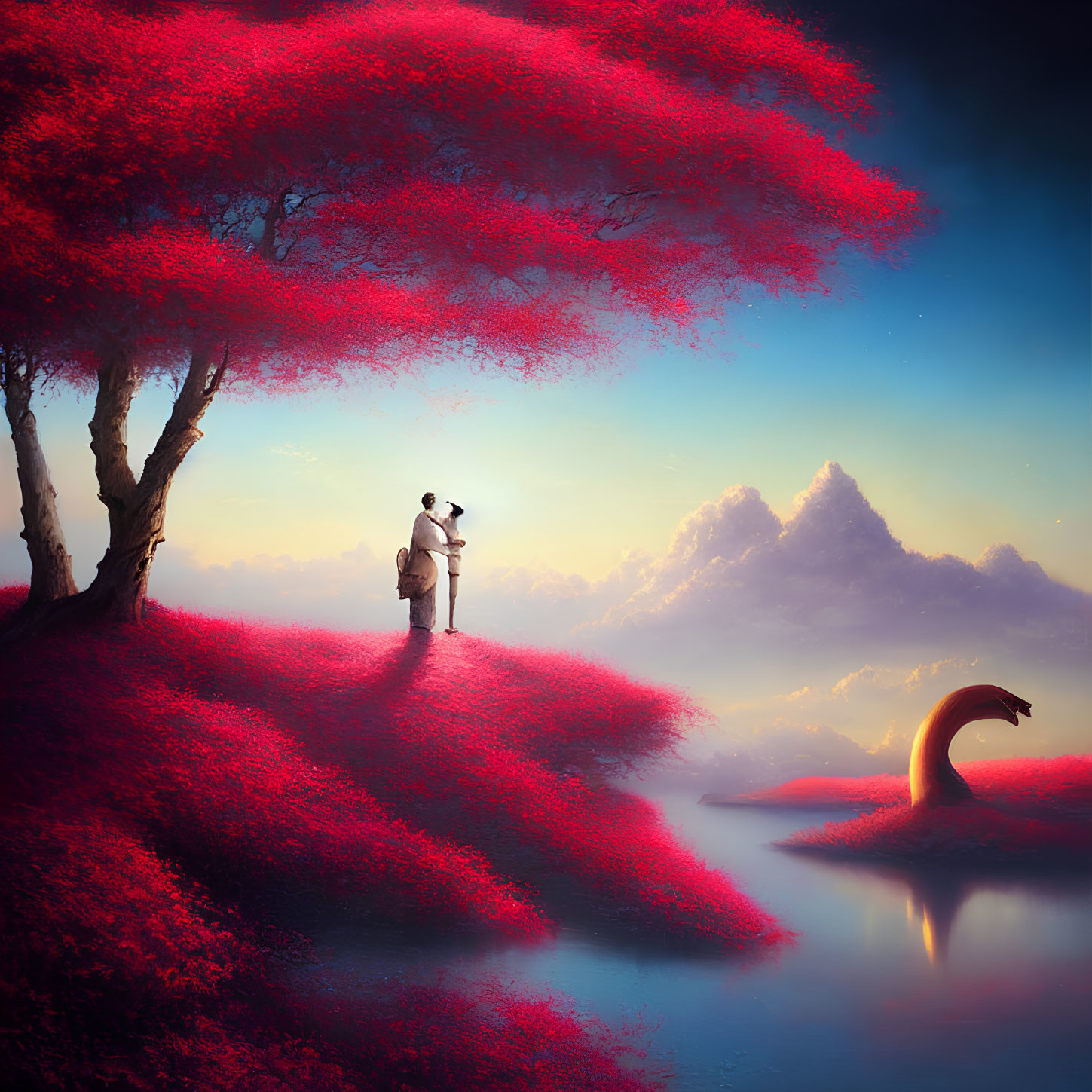 Surreal scene: couple under red tree, lake view, mysterious creature.