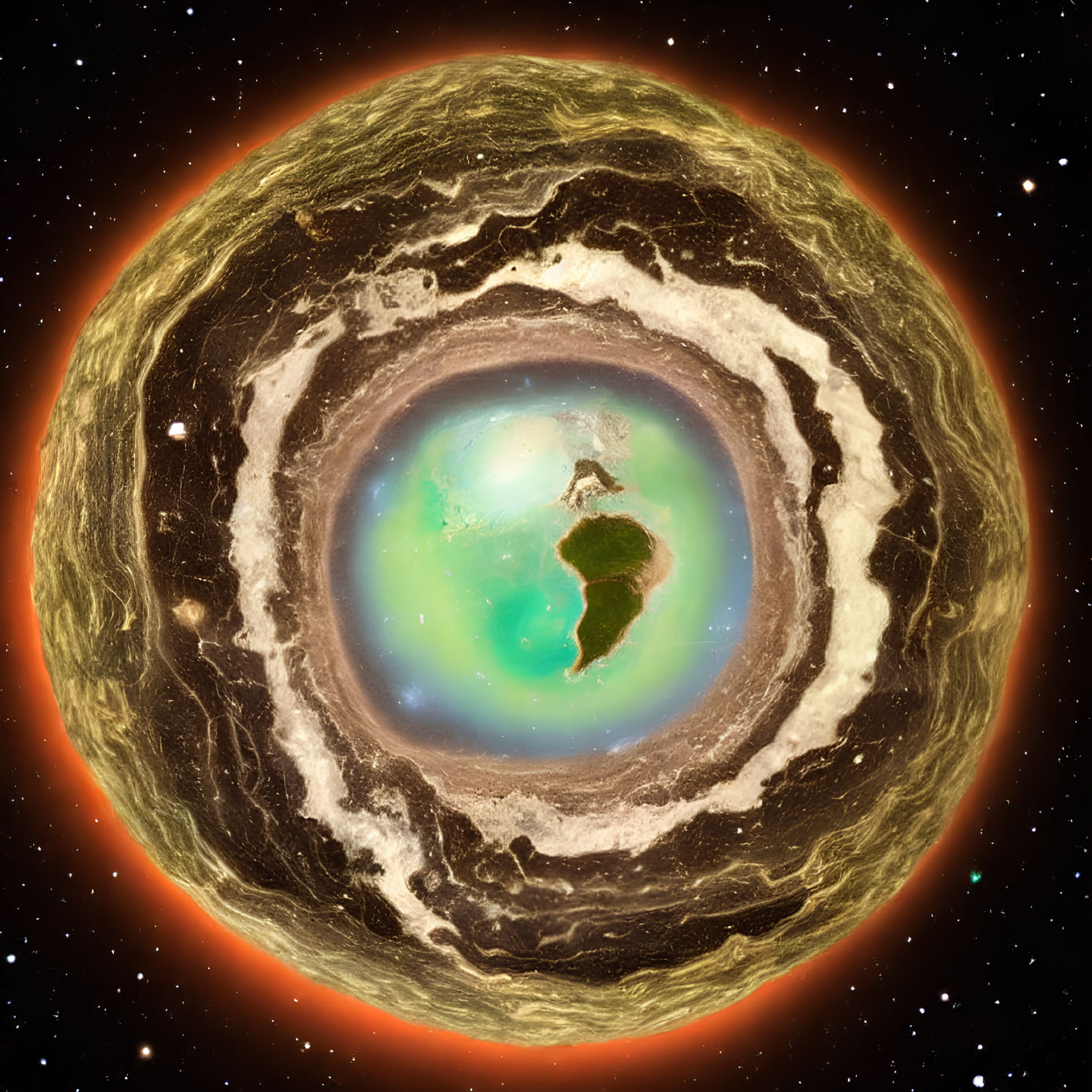 Spherical Earth layers image with green core and concentric circles on starry backdrop