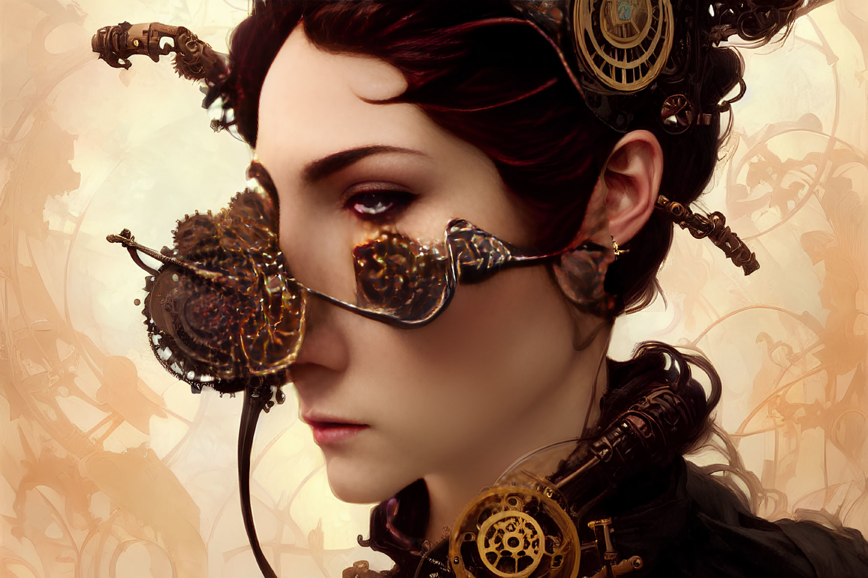 Steampunk-themed woman with mechanical goggles and gear embellishments