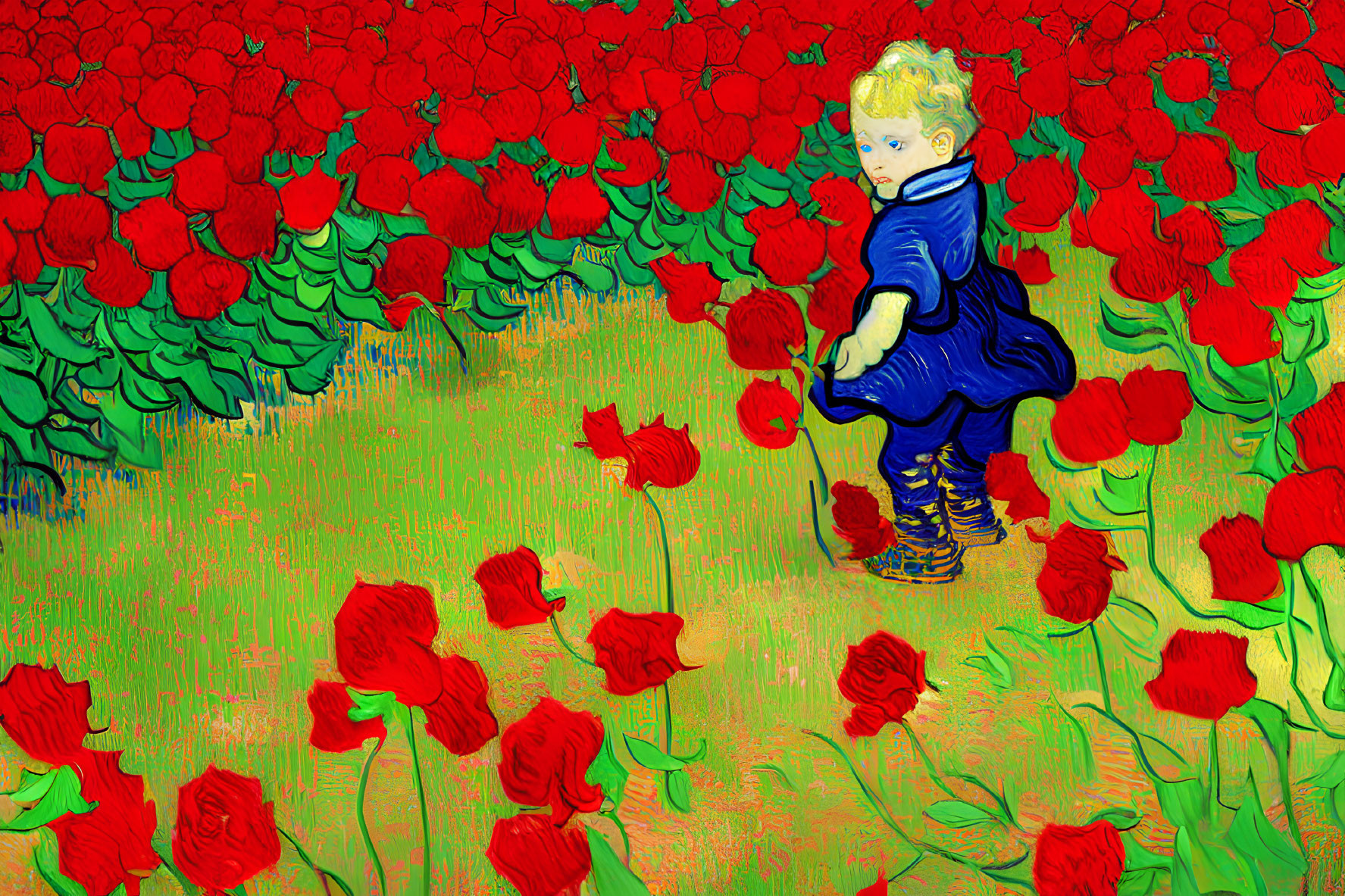 Child in Blue Outfit Among Vibrant Red Poppies with Thoughtful Expression