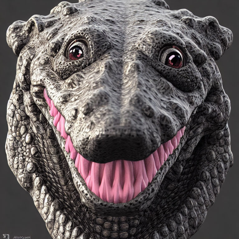 Detailed close-up of smiling crocodile with textured skin and red eyes