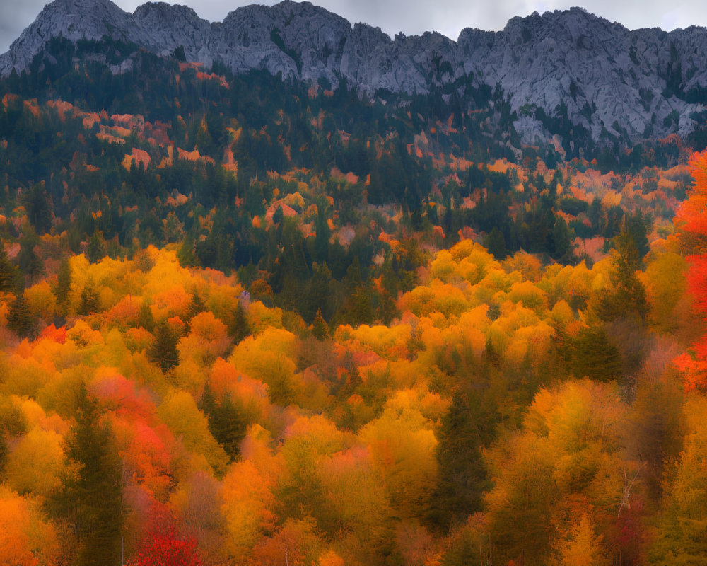 Colorful autumn foliage blankets forest at base of rugged mountain range under cloudy sky