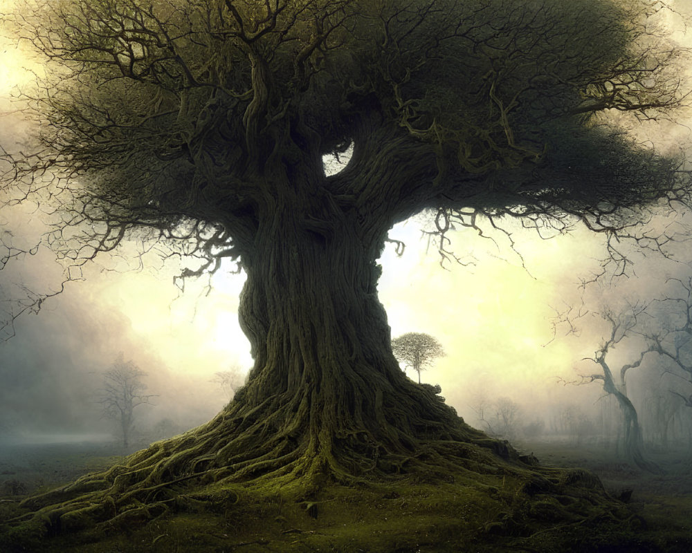 Ancient tree in misty forest landscape with sprawling branches