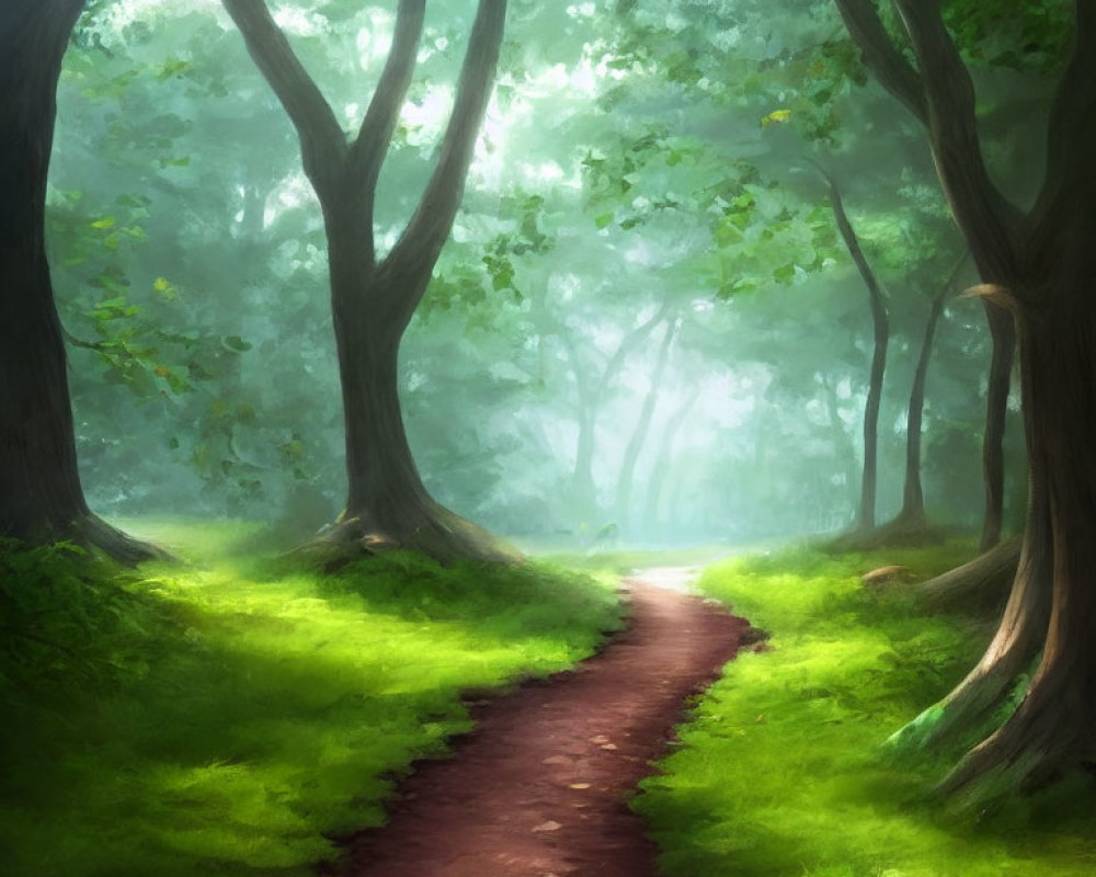 Tranquil Forest Path with Sunlight Filtering Through Green Canopy