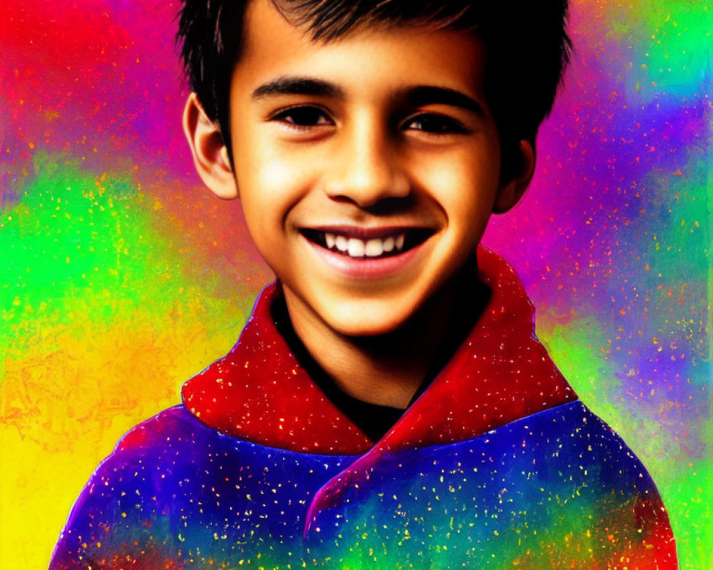 Young boy smiling against vibrant, multicolored background in hoodie blend.