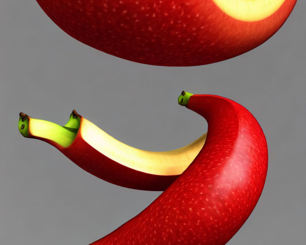 Digital Artwork: Bananas with Red Apple Skin Textures on Neutral Background