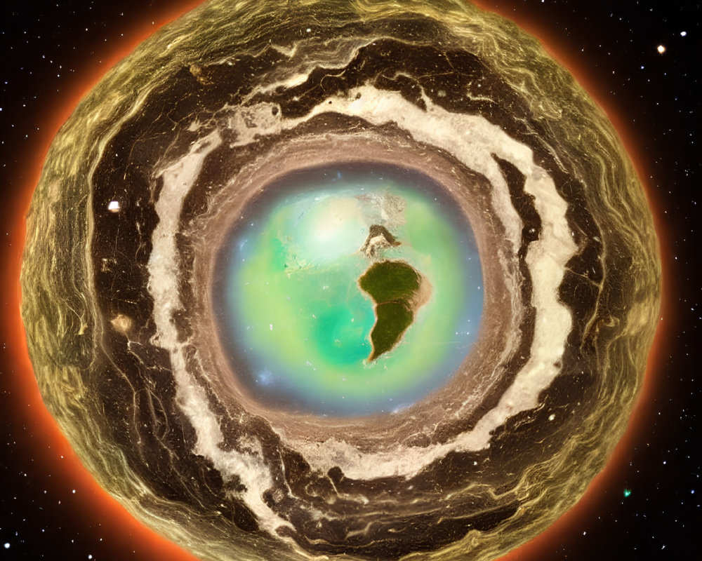 Spherical Earth layers image with green core and concentric circles on starry backdrop