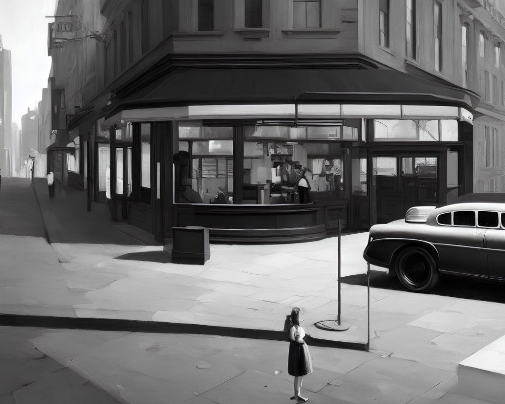 Vintage grayscale street scene with girl, classic car, and diner.