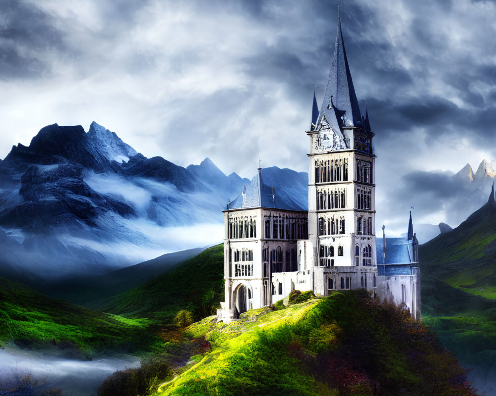 Majestic castle on lush green hill with mountains and dramatic sky