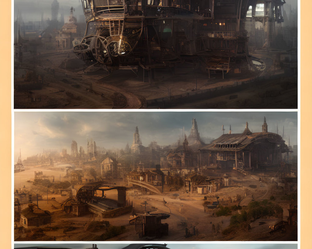 Steampunk Cityscape Triptych with Airships and Industrial-Futuristic Fusion