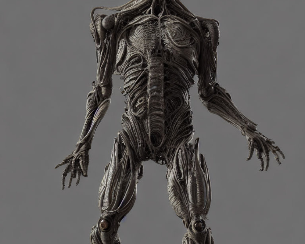 Intricate metallic humanoid sculpture with biomechanical designs