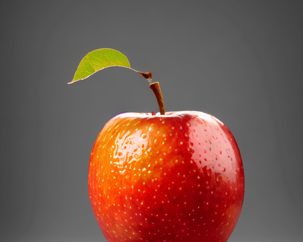 Fresh ripe red apple with green leaf and water droplets on gray background