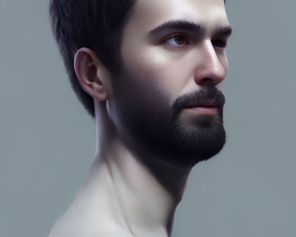 Portrait of a man with dark beard and short hair on neutral background