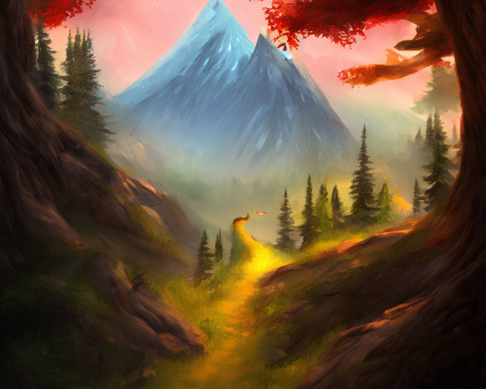 Mountain peak and forest under pink sky with lit path through vibrant red foliage