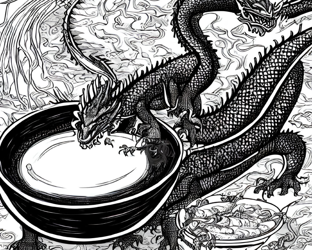 Detailed black and white illustration of majestic dragon by large cauldron