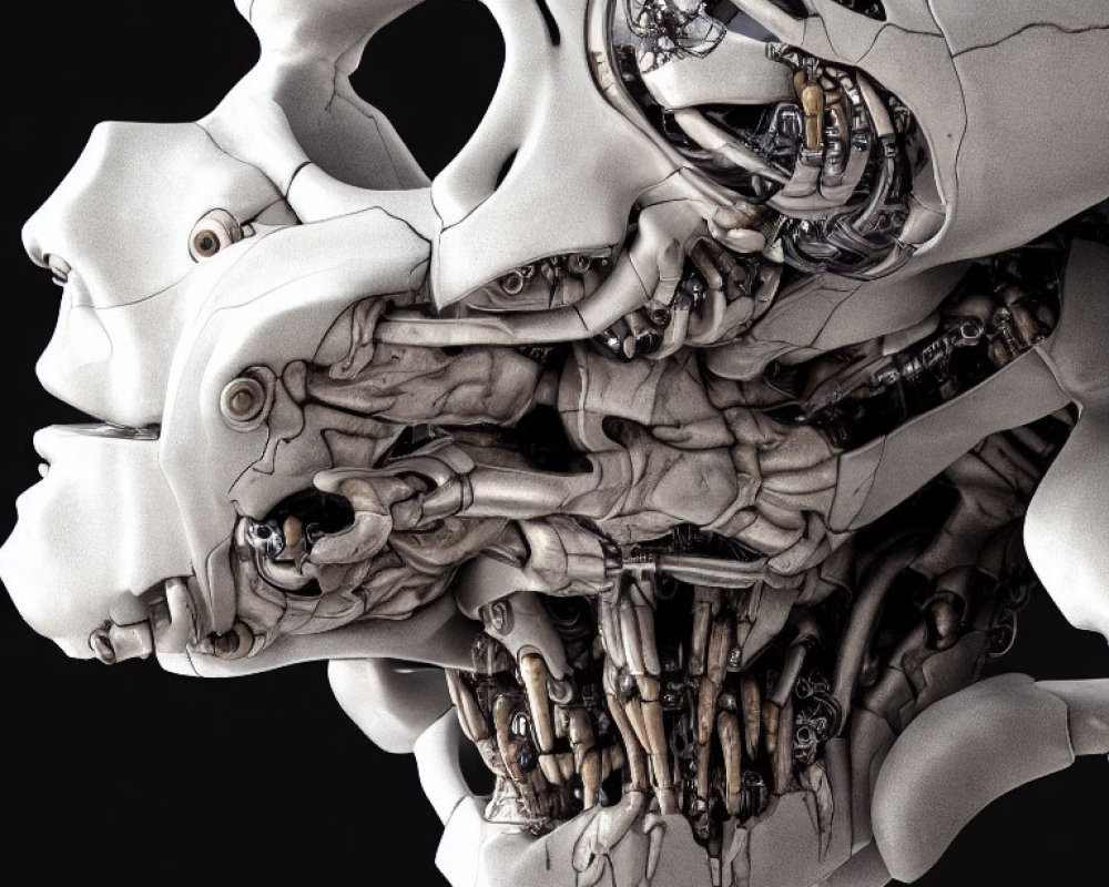 Detailed 3D Illustration of Fragmented Mechanical Skull with Gears on Dark Background