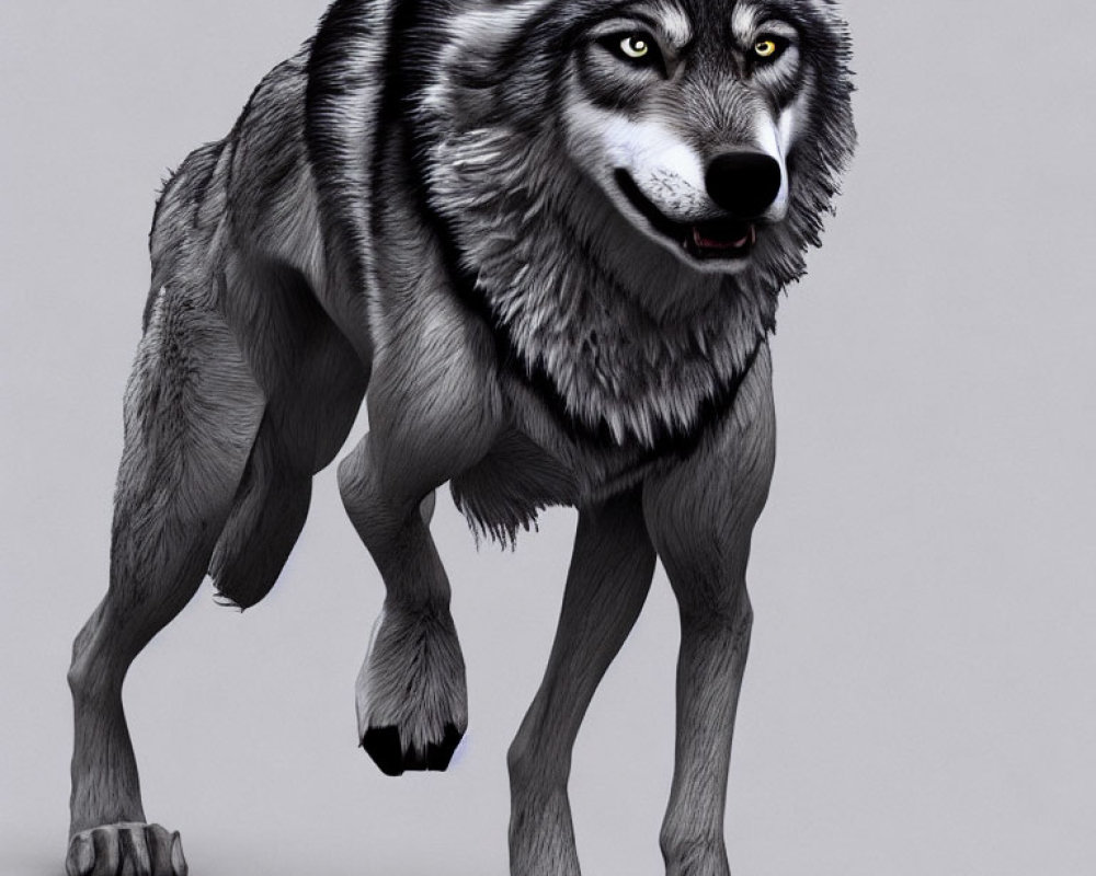 Realistic digital illustration of a grey wolf with detailed fur and piercing gaze