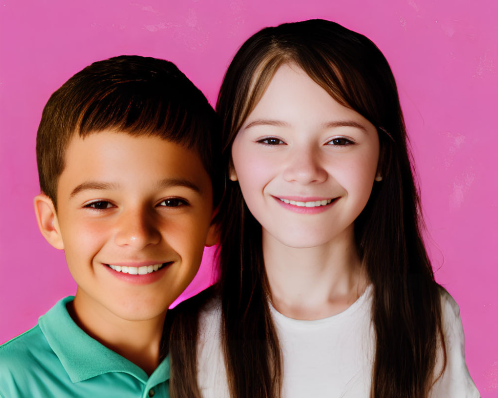 Smiling children in green and white shirts on pink background