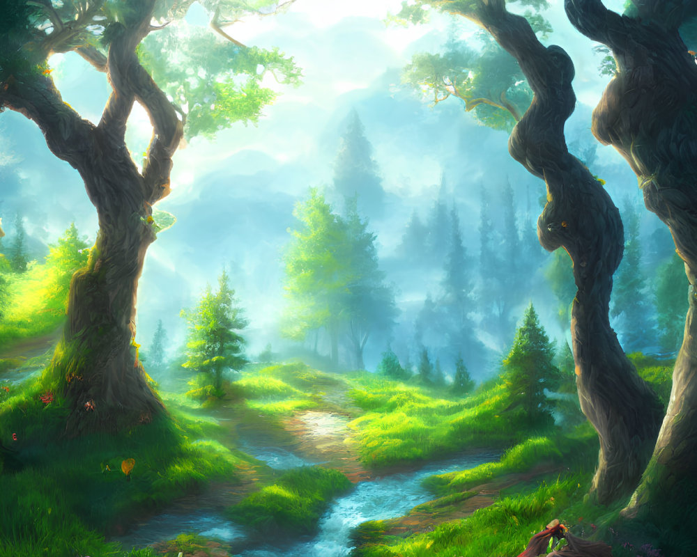 Twisted trees and flowing stream in serene forest setting