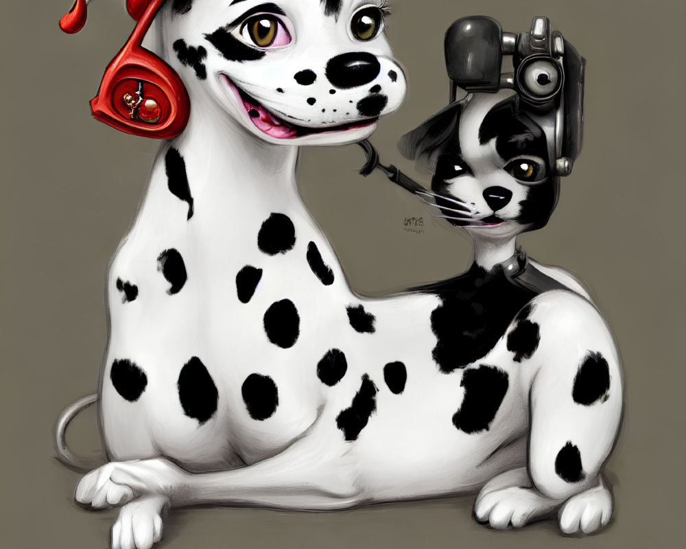 Stylized illustration of Dalmatian dog and cat in firefighter's helmet