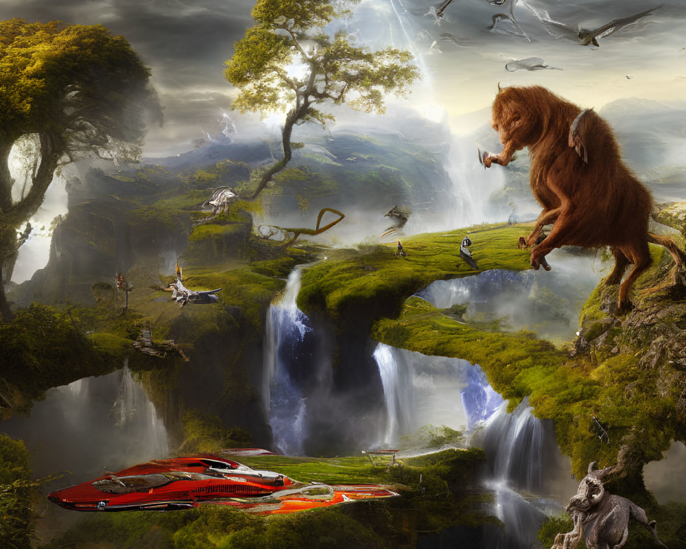 Majestic lion on waterfall in fantastical landscape with diverse wildlife