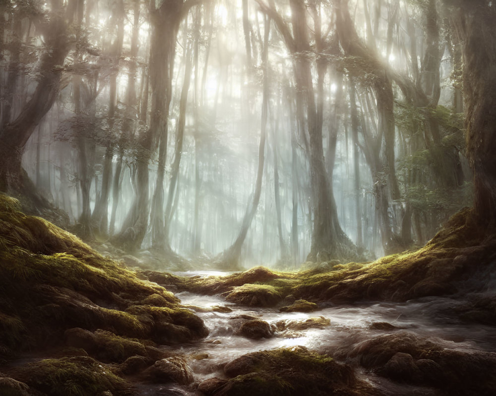 Misty Mossy Forest with Sunlight and Stream