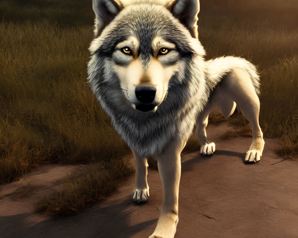 Realistic digital illustration of grey wolf in sunlit field