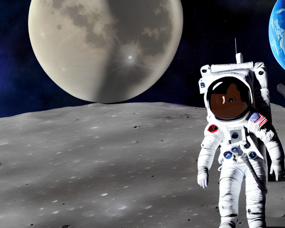 Astronaut on lunar surface with Earth and large moon.