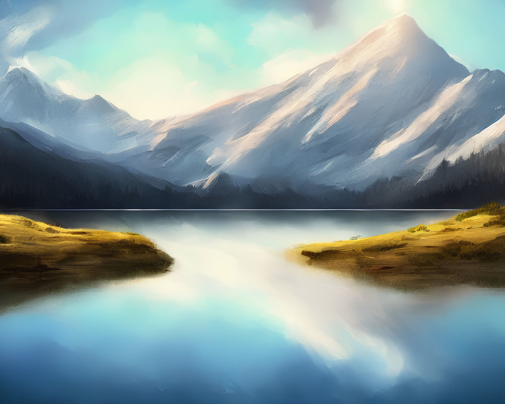 Tranquil landscape with reflective lake, grassy banks, and snow-capped mountains