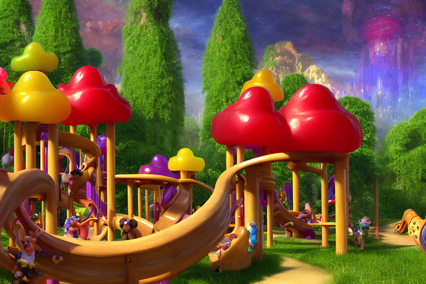 Colorful Mushroom Fantasy Playground with Whimsical Creatures
