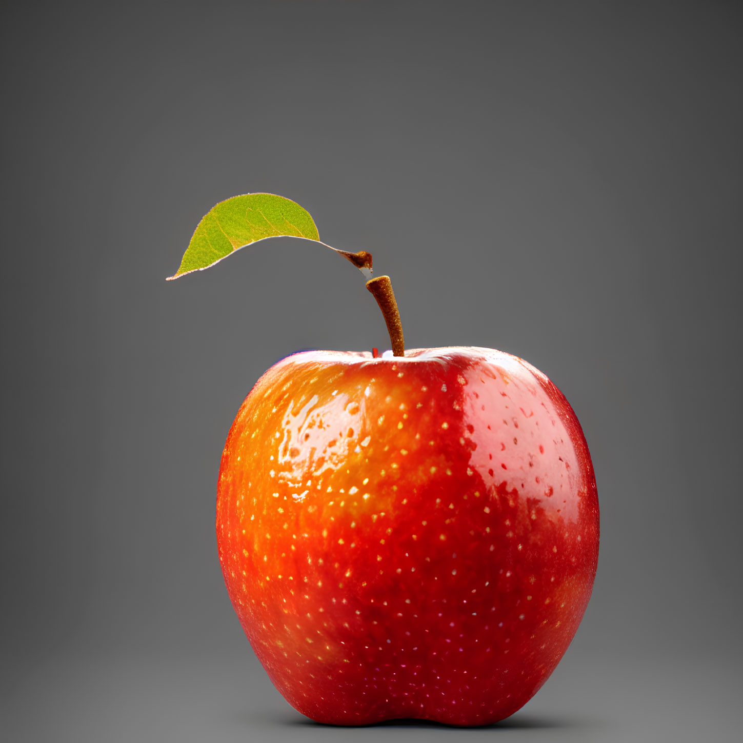 Fresh ripe red apple with green leaf and water droplets on gray background