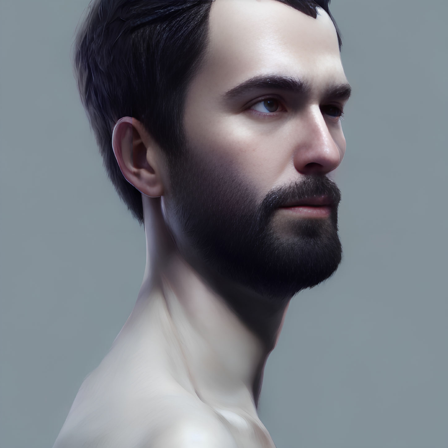 Portrait of a man with dark beard and short hair on neutral background