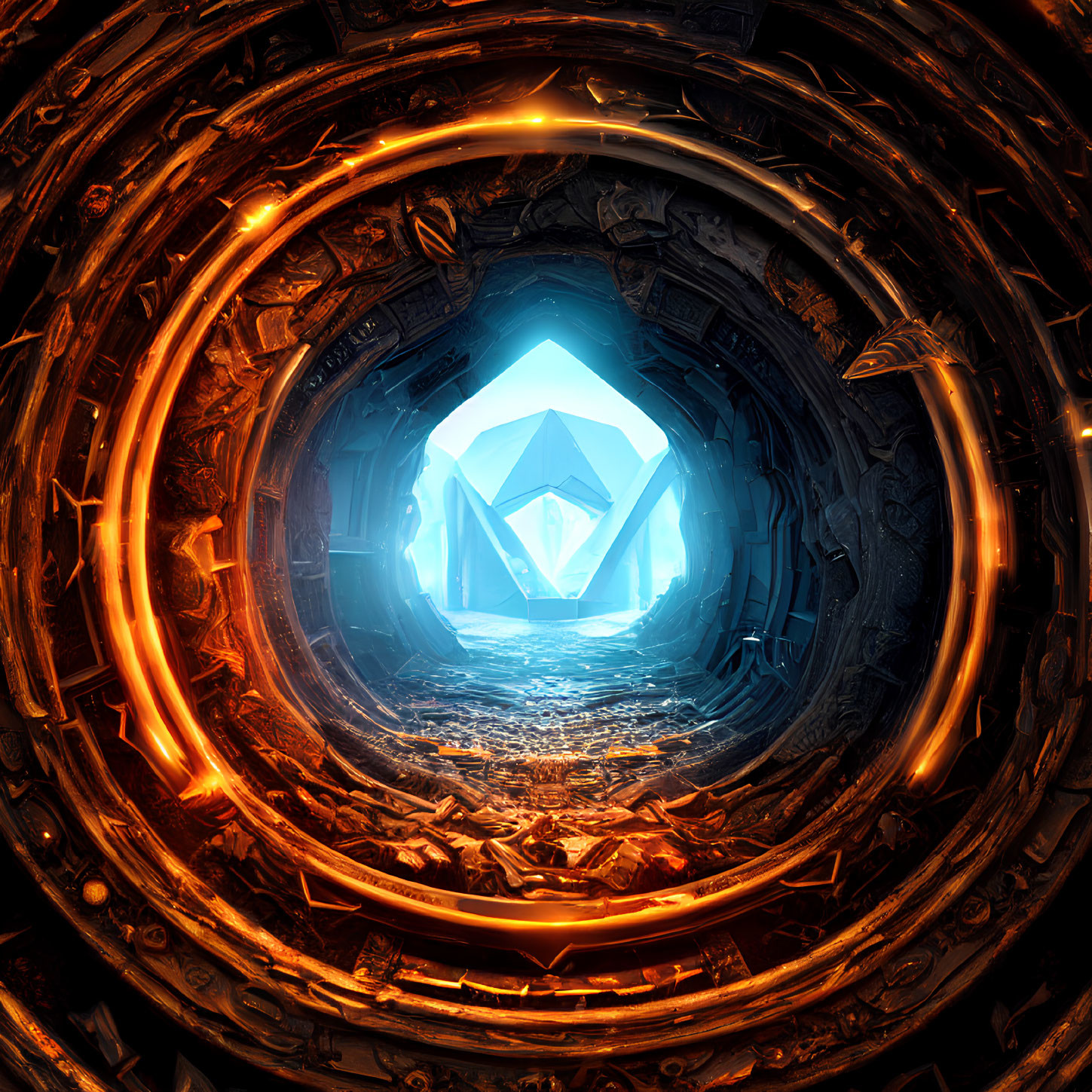 Sci-fi themed glowing portal with central blue crystal surrounded by metallic structures