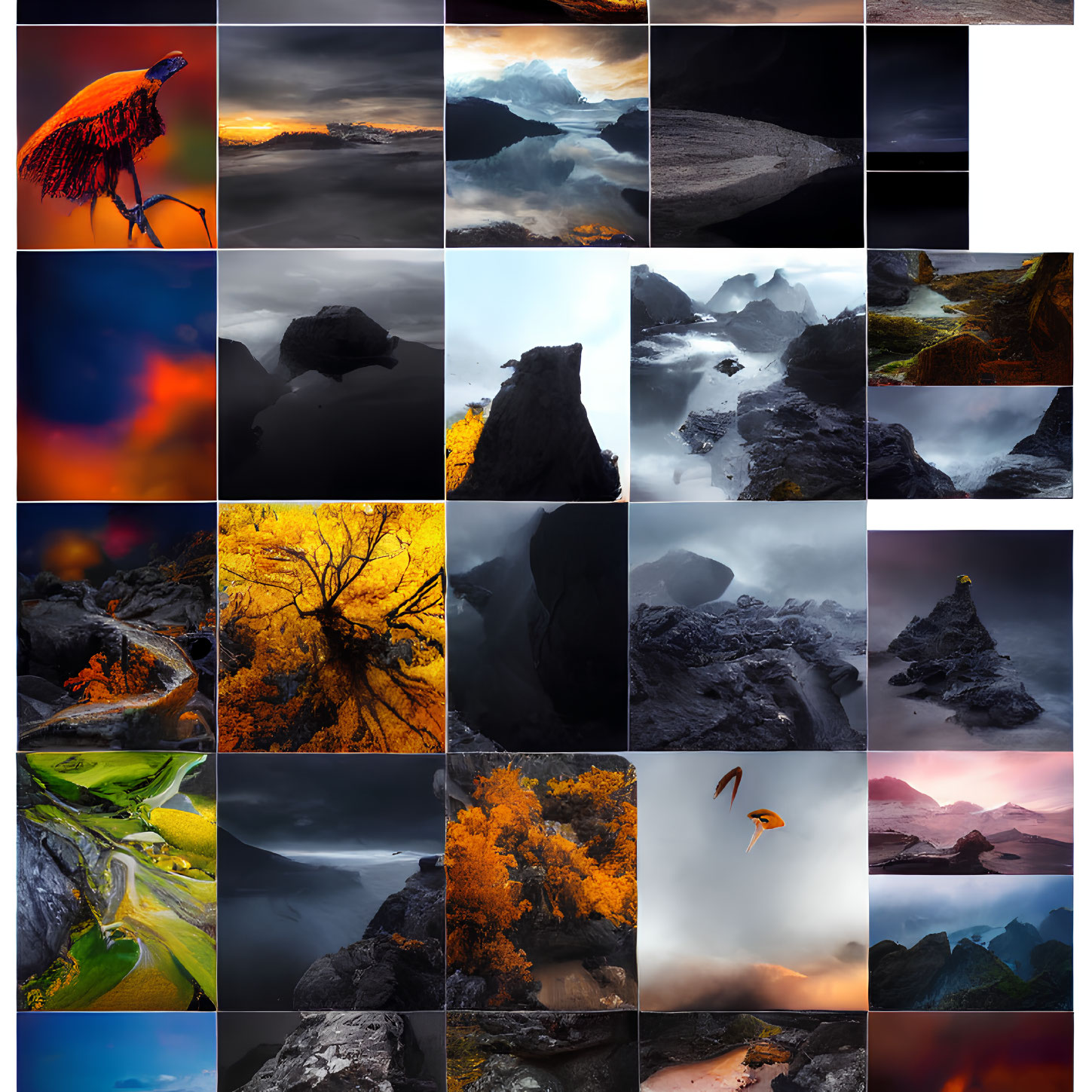 Dramatic Landscape Collage with Mountains, Water, Skies, and Seasons