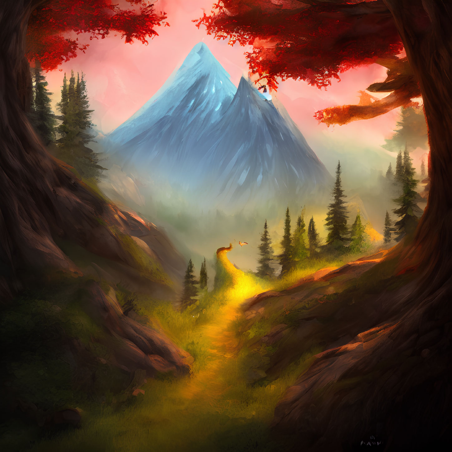 Mountain peak and forest under pink sky with lit path through vibrant red foliage