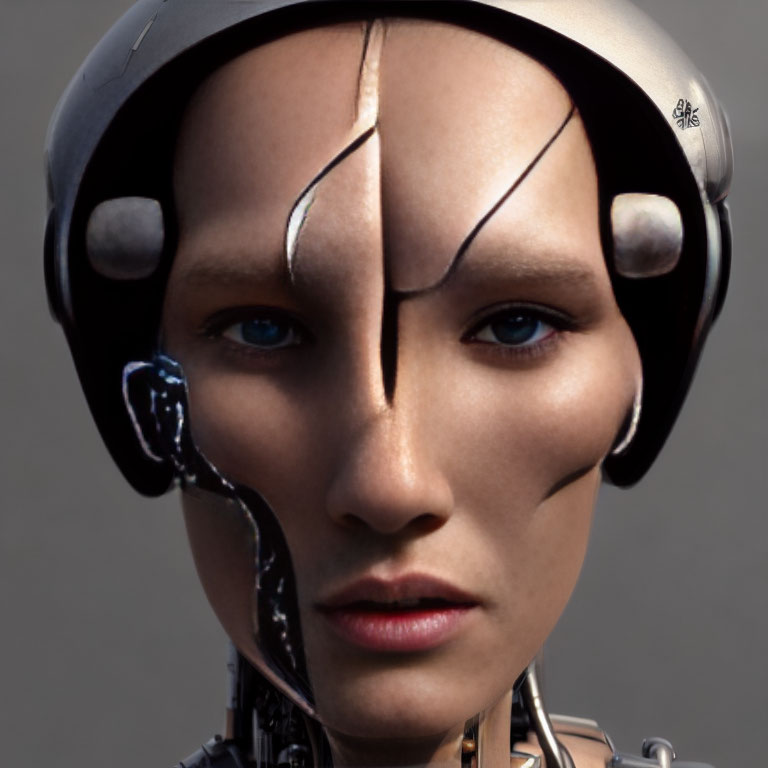 Close-up of humanoid with split human-robot design