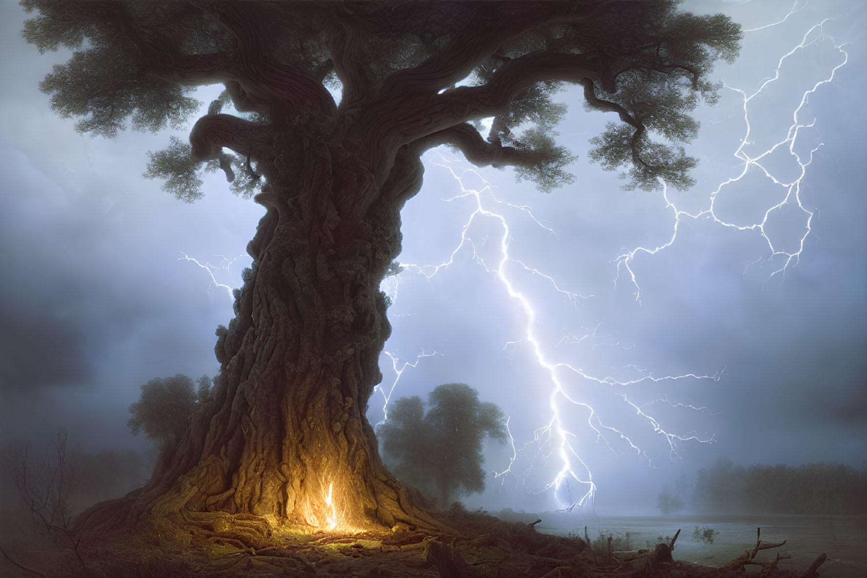 Ancient tree with hollow base illuminated under stormy sky