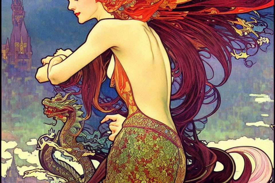 Art Nouveau Style Image of Woman with Red Hair and Dragon Castle Backdrop