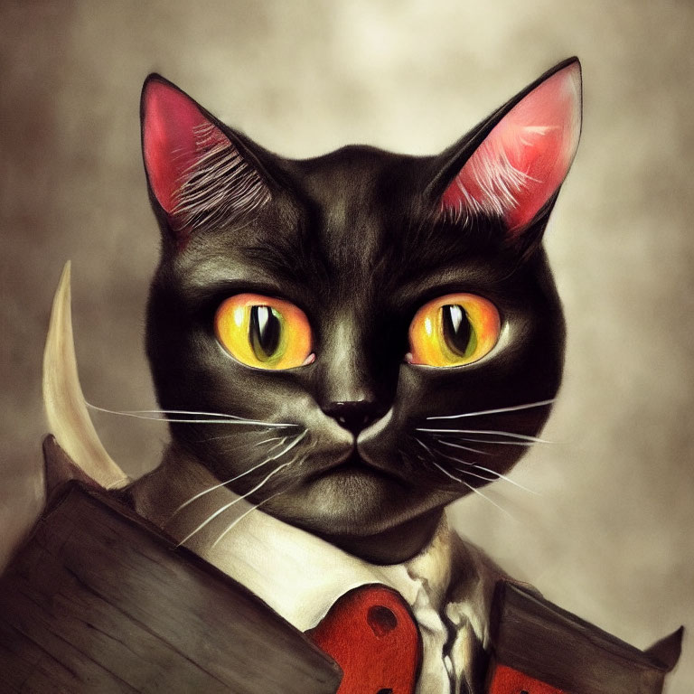 Digital artwork of black cat in suit with human-like eyes by open book