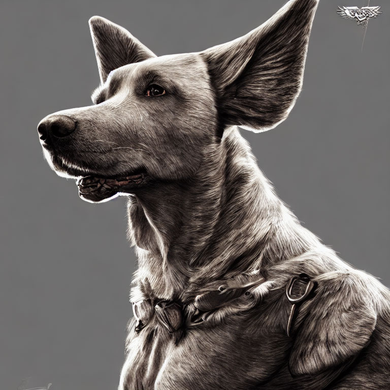 Detailed grayscale illustration of a dog with pointed ears and collar on grey background