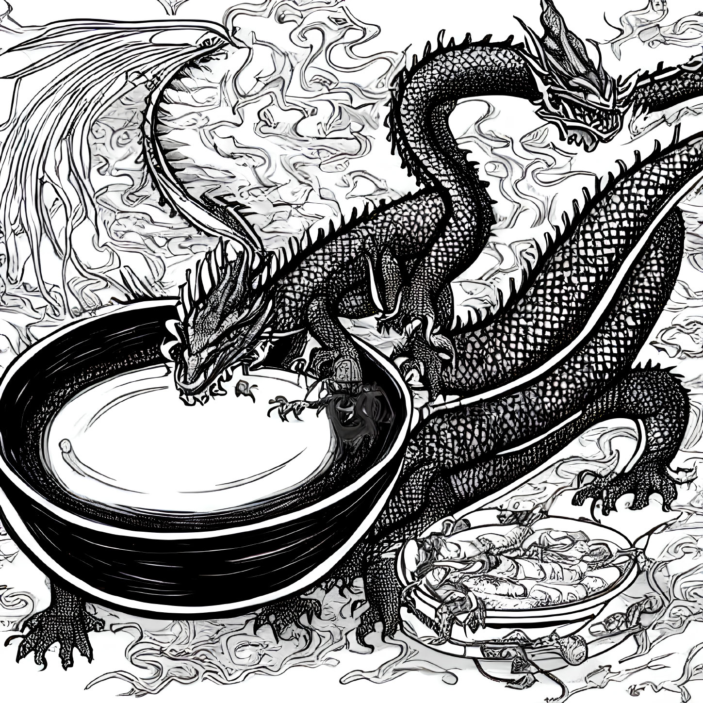 Detailed black and white illustration of majestic dragon by large cauldron