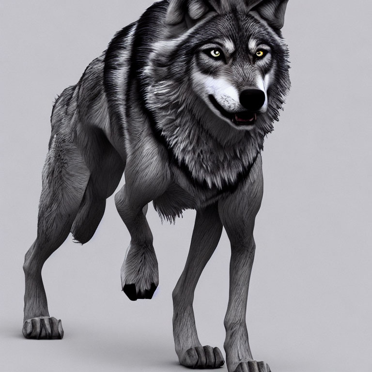 Realistic digital illustration of a grey wolf with detailed fur and piercing gaze