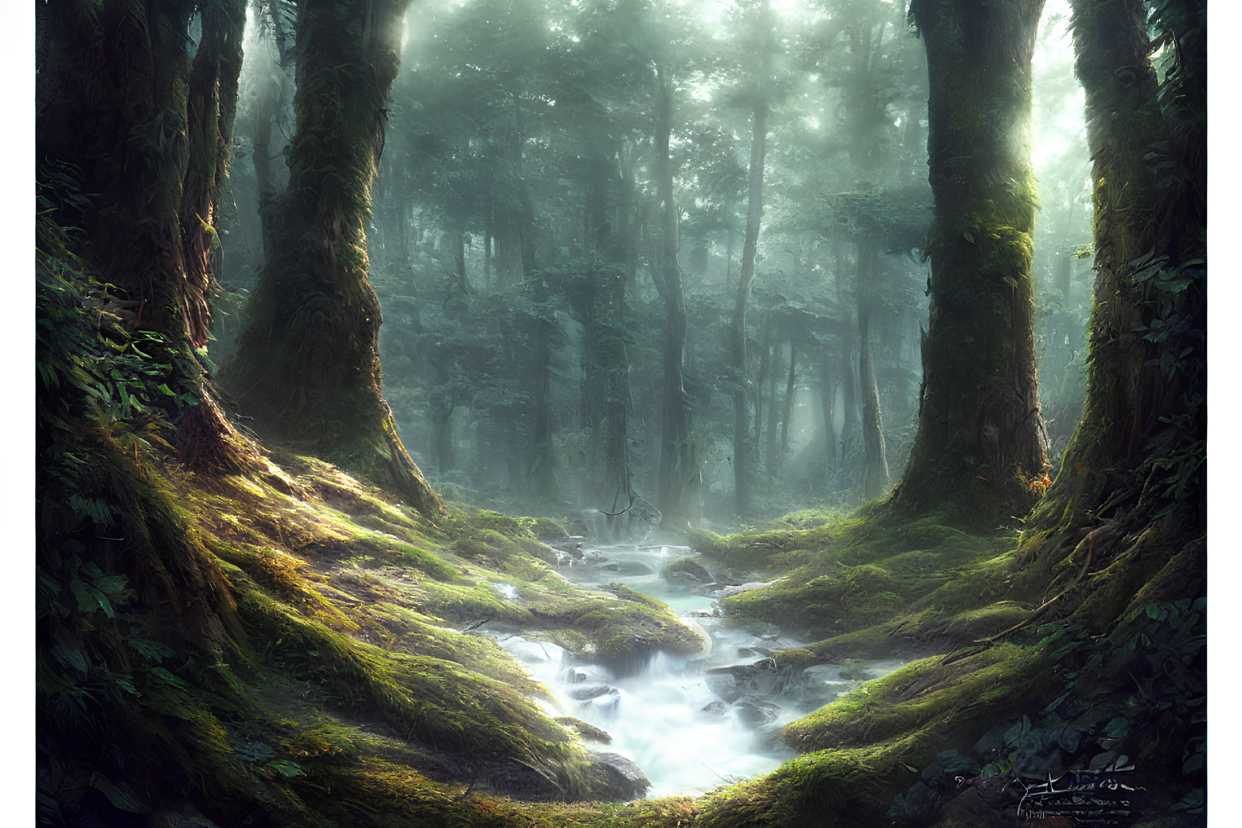 Misty forest scene with moss-covered trees and stream