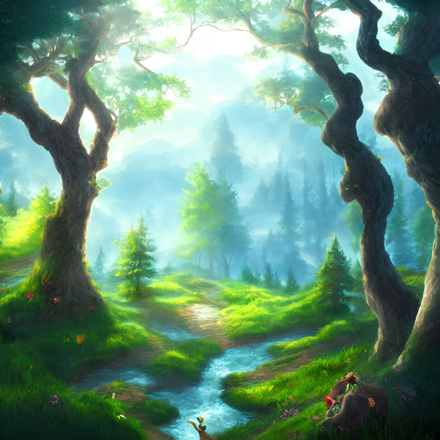 Twisted trees and flowing stream in serene forest setting