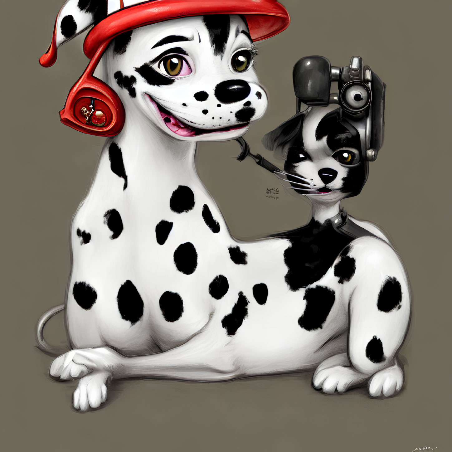 Stylized illustration of Dalmatian dog and cat in firefighter's helmet