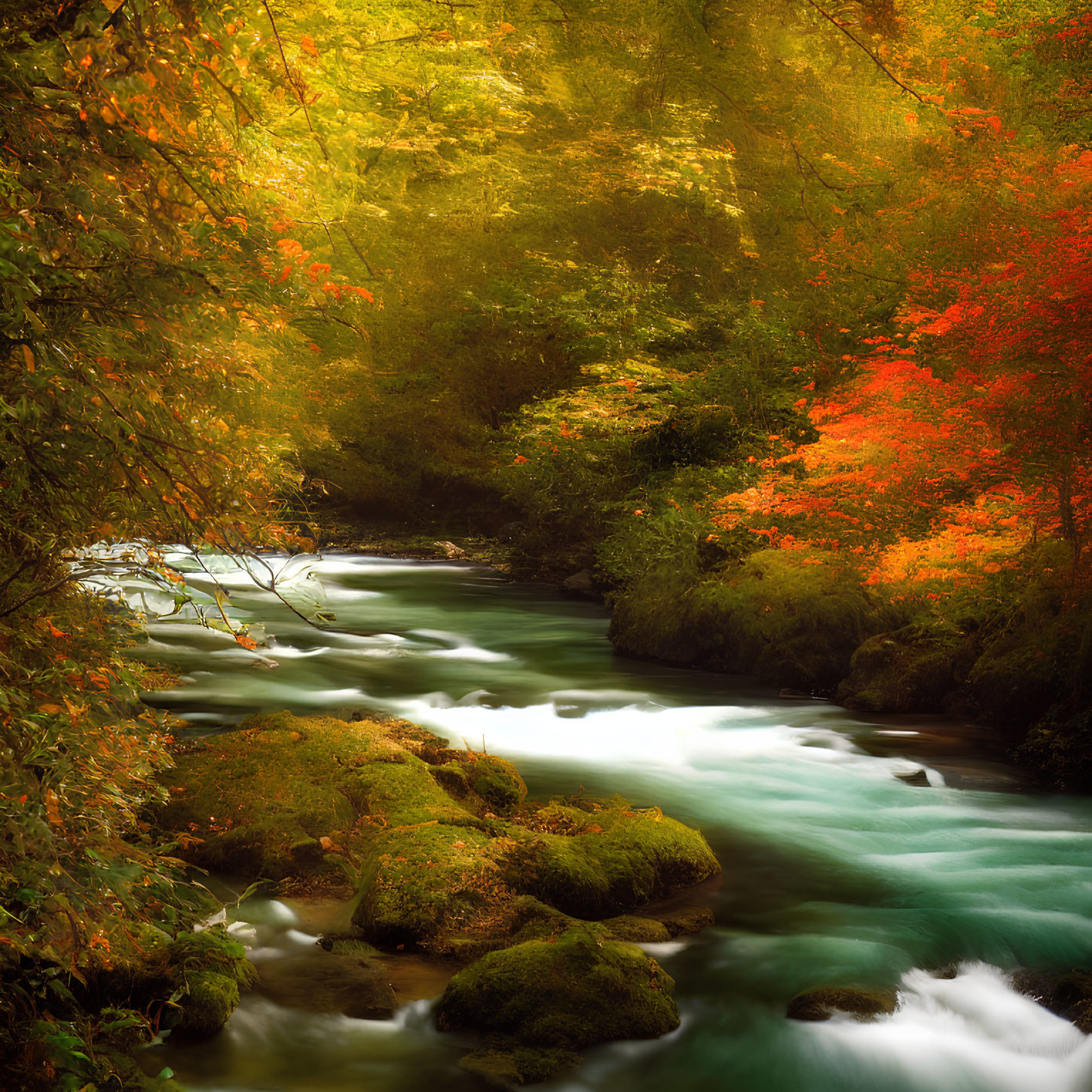 Tranquil river in vibrant autumn forest with green, orange, and red leaves
