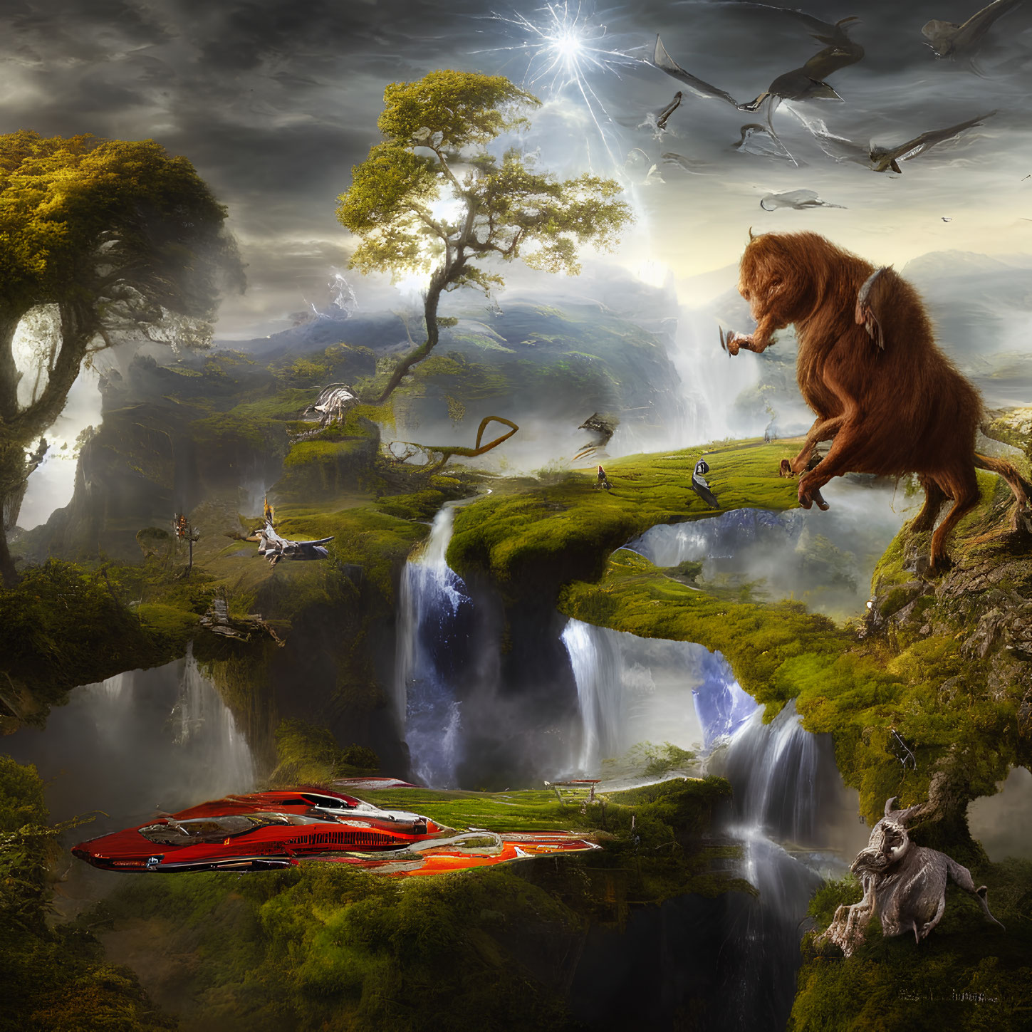 Majestic lion on waterfall in fantastical landscape with diverse wildlife