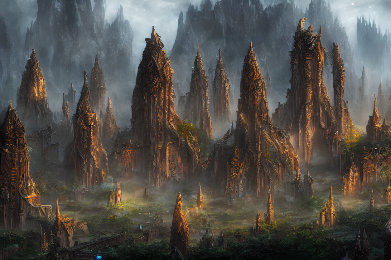 Mystical forest with ancient tree-like structures and mountains in the background