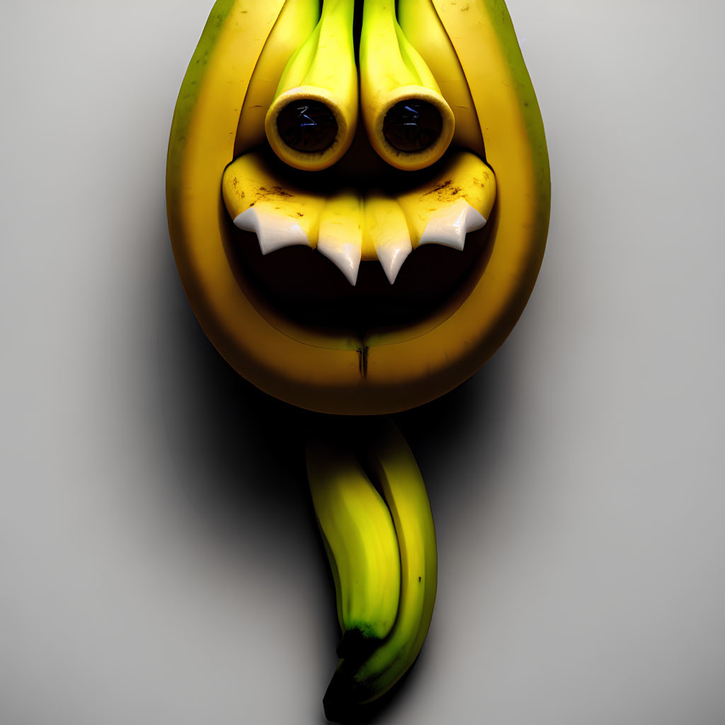 Banana face art with eyes, mouth, and tongue design