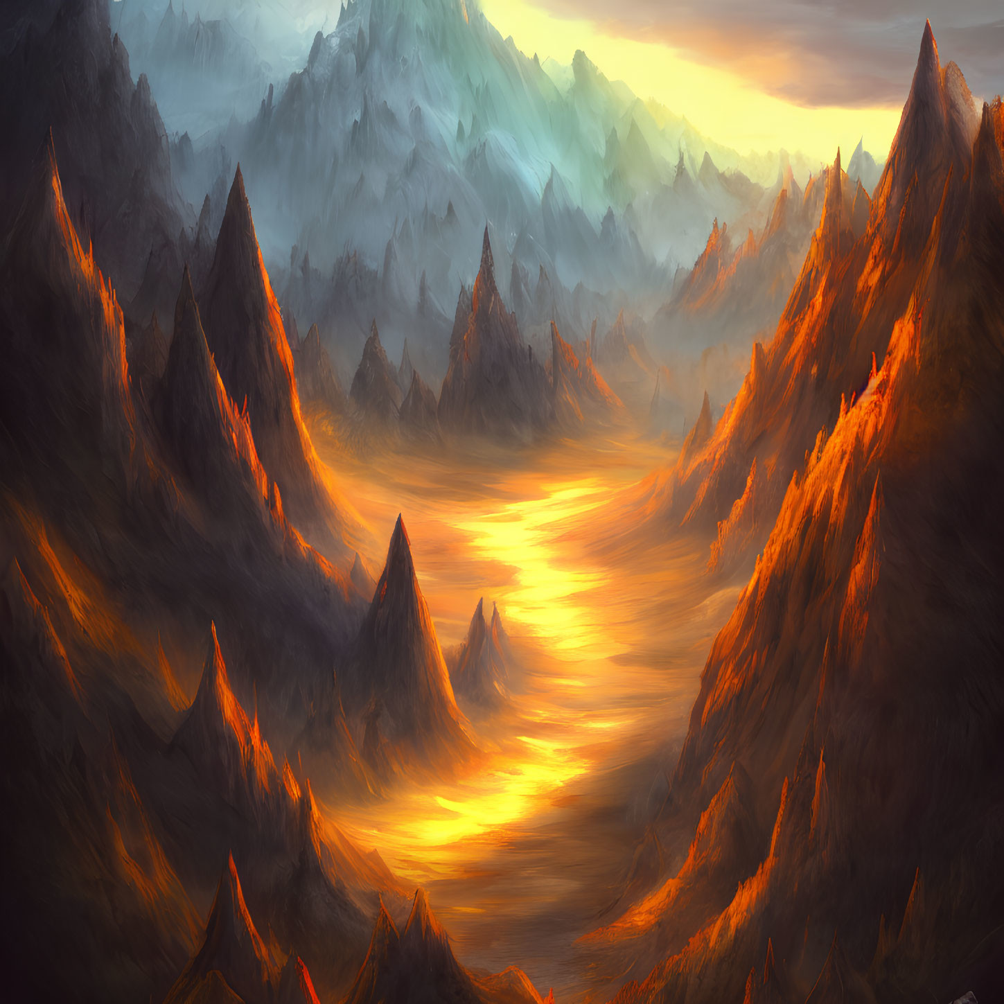 Vibrant sunset over rugged mountain range with orange and gold hues